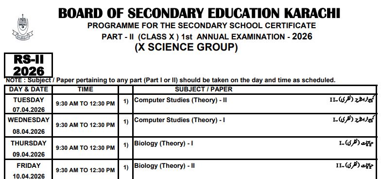 Karachi Board SSC Part 1 and 2 Annual Exam Schedule 2026