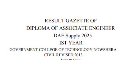KPBTE Peshawar DAE Supply Result 2025 Gazette PDF Download