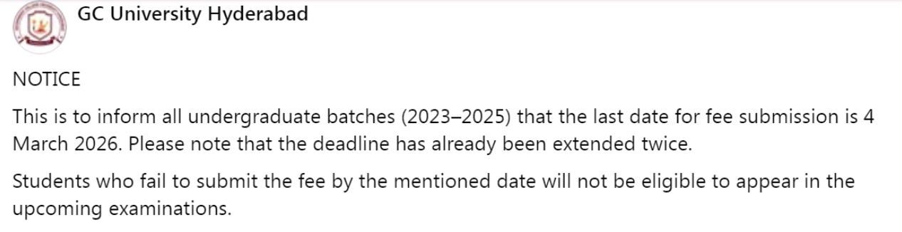 GCUH Fee Deadline Extension Notice 2026 for UG Batches Announced