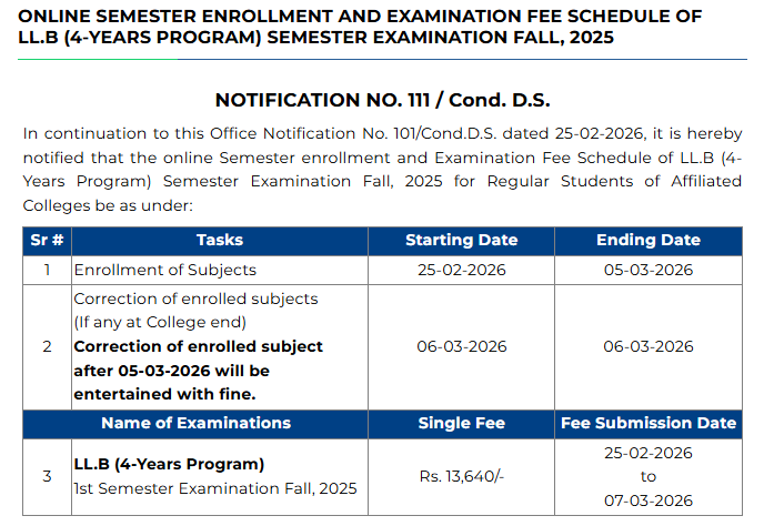 PU LLB 4-Year Program Fall 2025 Semester Form Fee Schedule