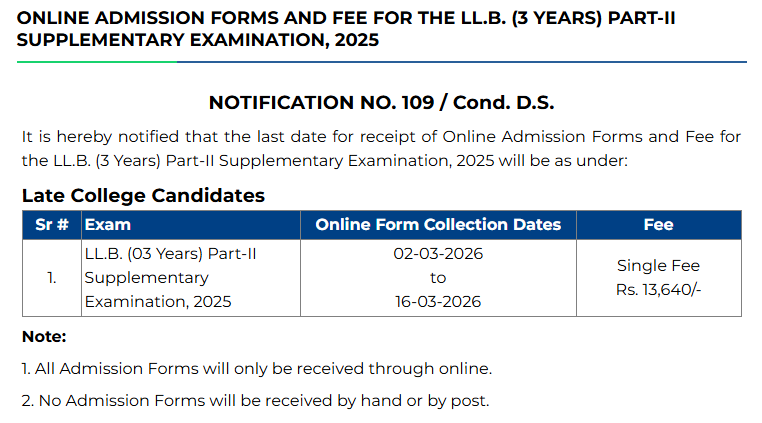 PU LLB Part II 3-Year Program Supply Exam 2025 Form Fee Schedule