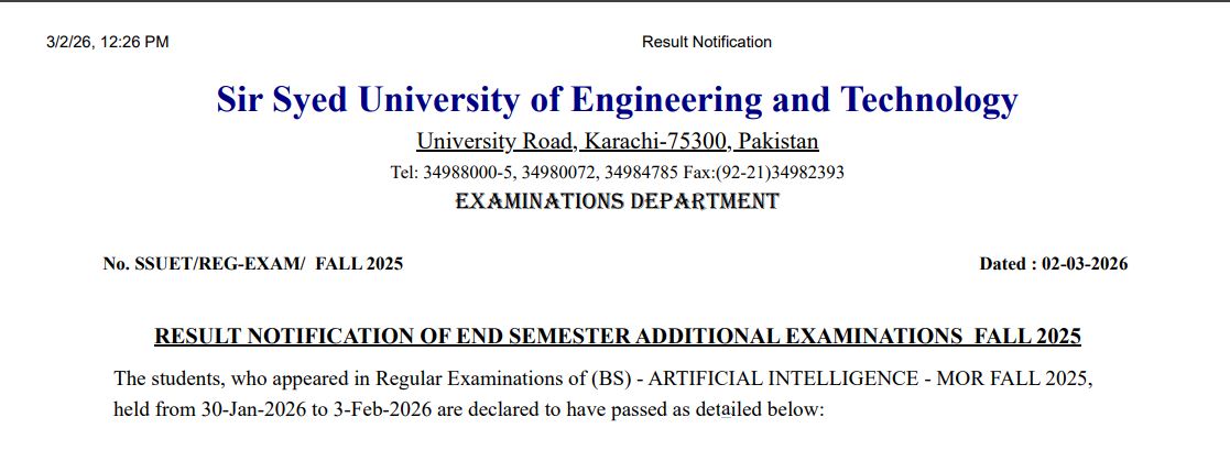 SSUET Result Notification 2026 for Fall 2025 Additional Exams