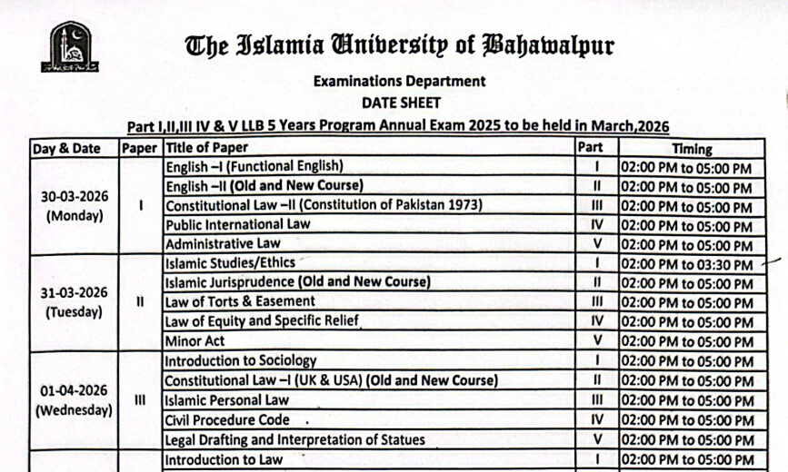 IUB Announces LLB Part I to Part V Annual Exam 2025 Date Sheet