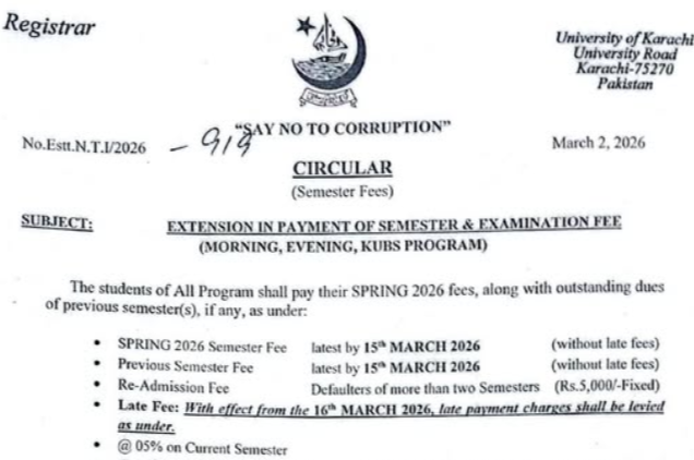 UoK Announces Revised Deadline for Spring 2026 Semester & Exam Fees