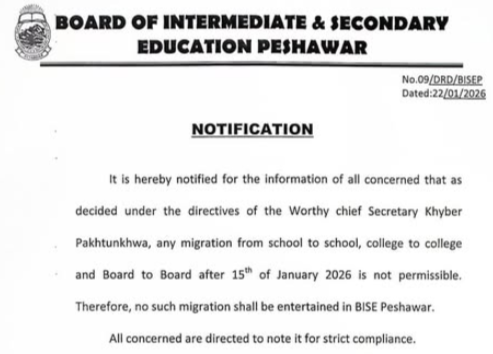 BISE Peshawar Put Ban on Migration of Students