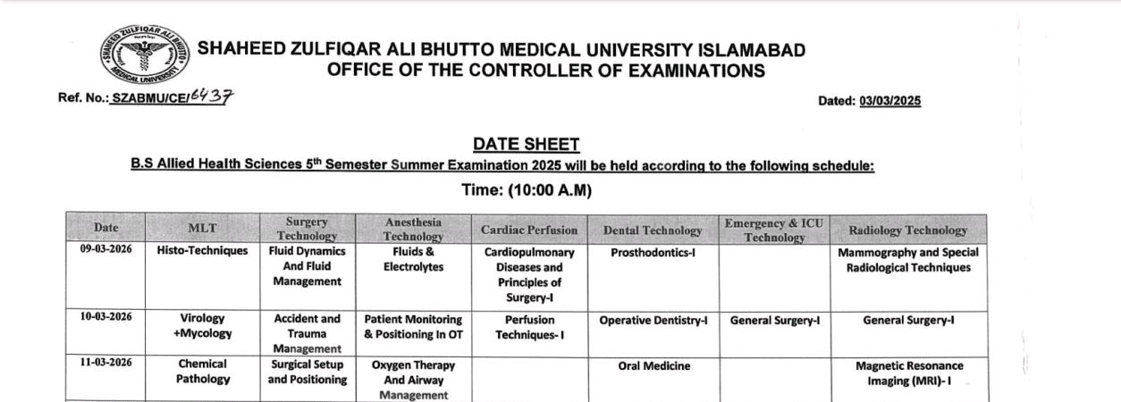 SZABMU Releases Date Sheet 2026 for BS Allied Health Sciences 5th Semester