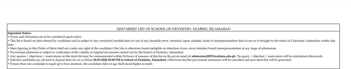 SZABMU 32nd Merit List 2026 for BDS Program Released