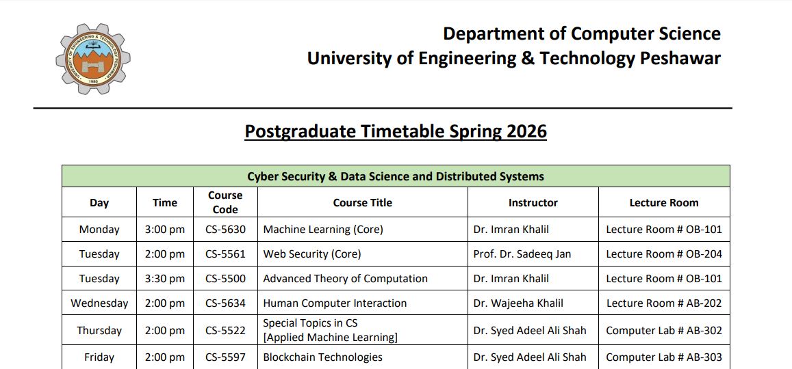 UETP Department of CS Spring 2026 Time Table Announced