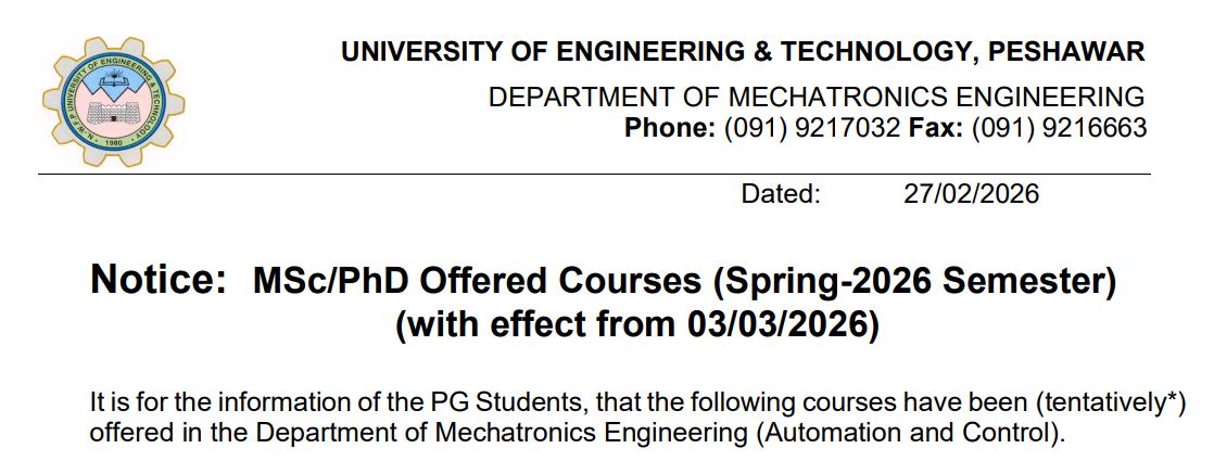 UETP Releases Mechatronics Department Time Table 2026