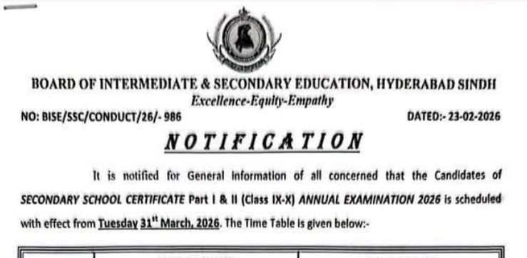 BISE Hyderabad 9th 10th Class Annual Exams Date Sheet 2026