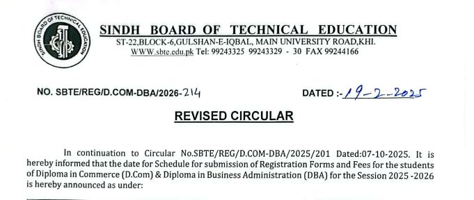 SBTE Karachi D Com & DBA Annual Exams Forms Schedule 2026