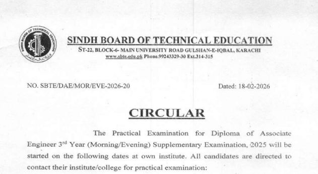 SBTE Karachi DAE 3rd Year Supply Practical Exams Schedule 2026