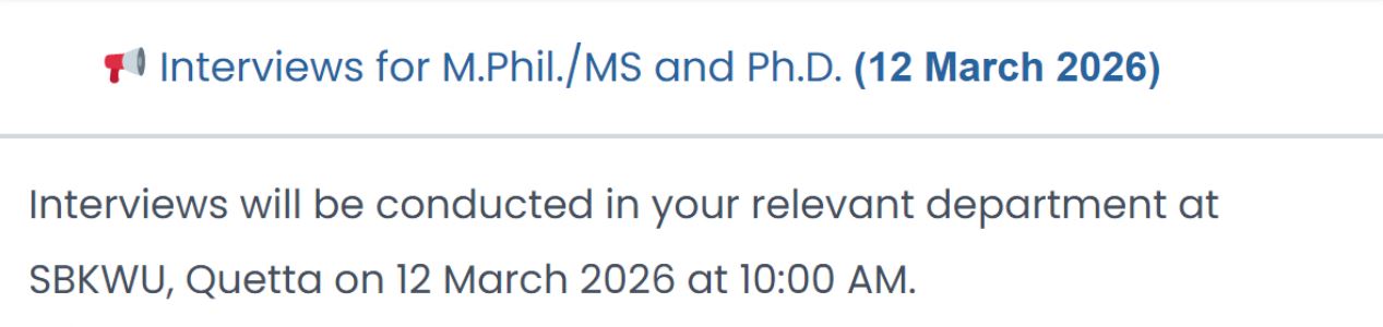 SBKWU Interview Notice 2026 for MS, MPhil & PhD Programs Announced
