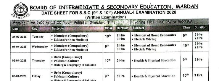 BISE Mardan 9th & 10th Class Date Sheet 2026