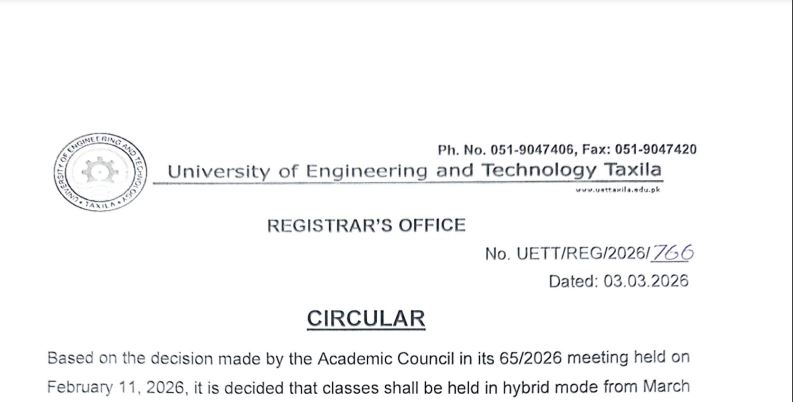 UET Taxila Hybrid Mode Notice 2026 Announced for All Students
