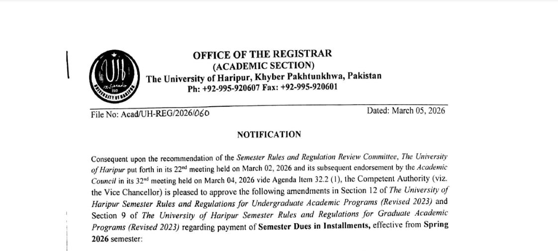 UOH Dues Notice 2026 Announced for Graduate Programs