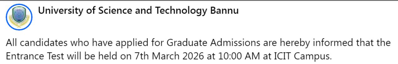 USTB Entry Test Notice 2026 Announced for Graduate Admissions