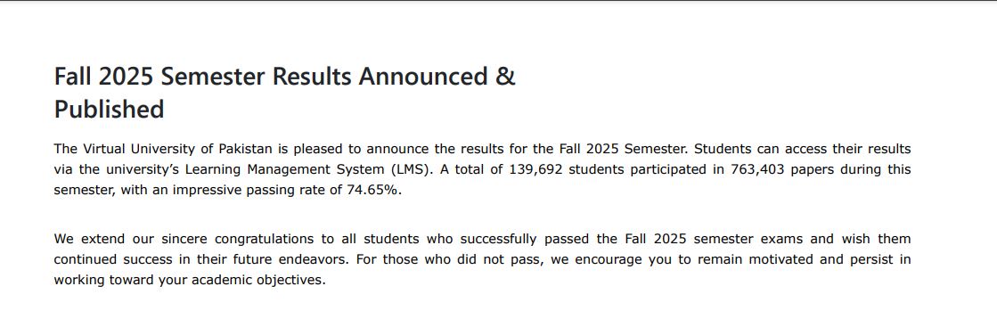 VU Result Notice 2026 Released for Fall 2025 Semester