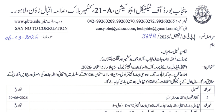 PBTE DAE Level 5 1st Annual Exams 2026 Forms Schedule