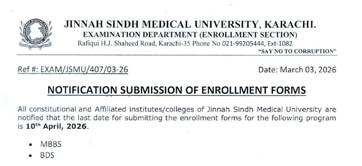 JSMU Enrollment Form Submission Notice 2026 for MBBS & BDS Programs Released