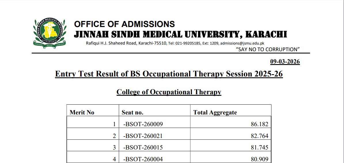 JSMU Entry Test Result 2026 Announced for BSOT & BSPH Programs