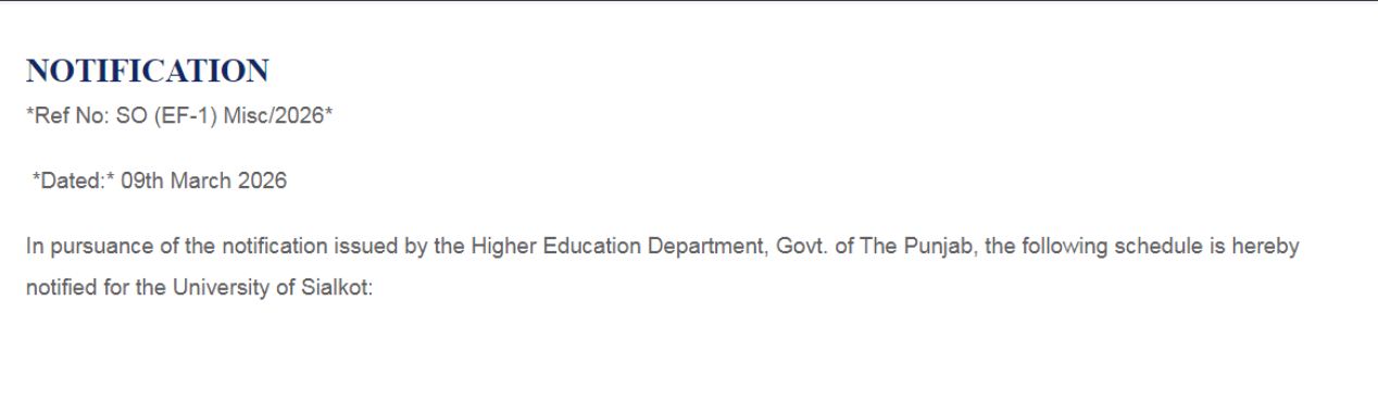 UoSialkot Releases University Closure Notice 2026
