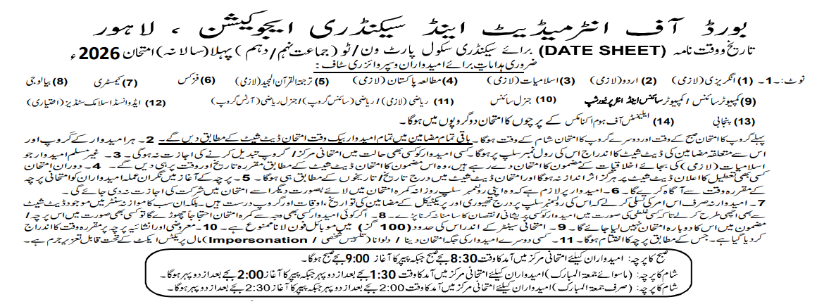 BISE Lahore Matric Annual Exams 2026 date sheet