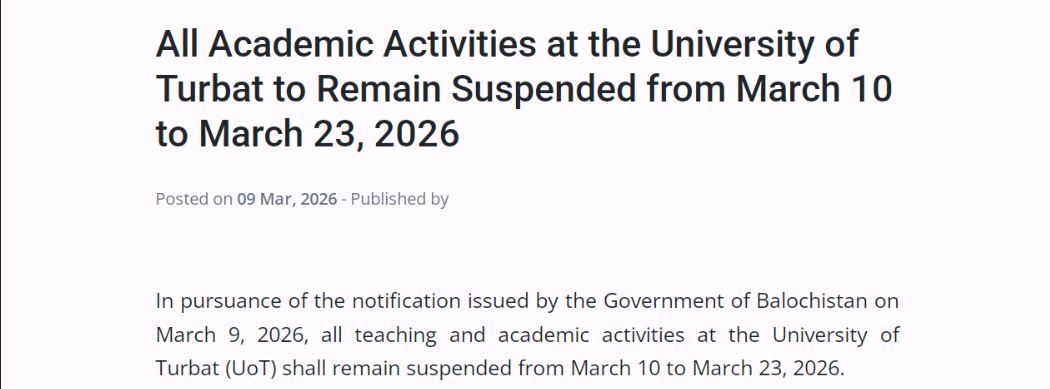 University of Turbat Announces Academic Suspension for March 2026
