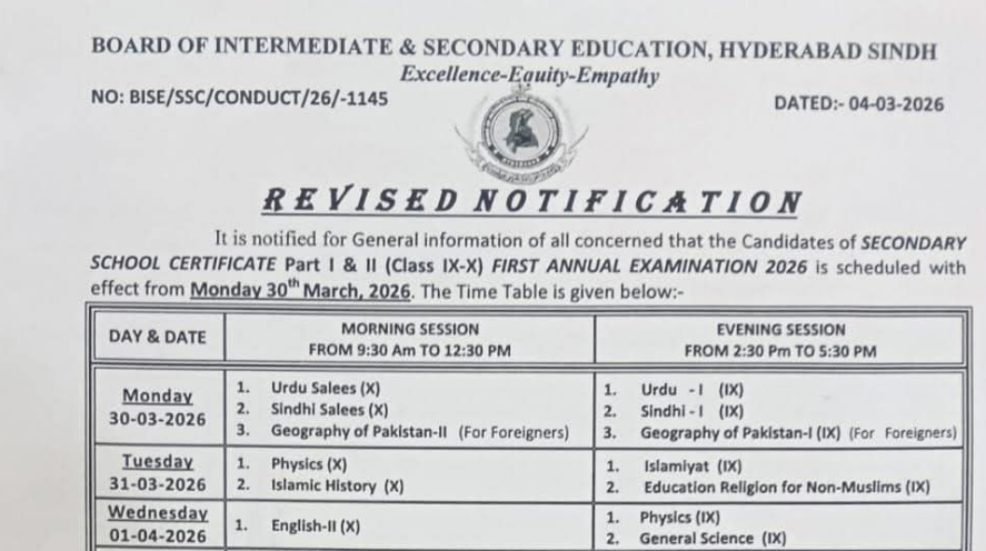 BISE Hyderabad Matric Annual Exams 2026 Revised Date Sheet