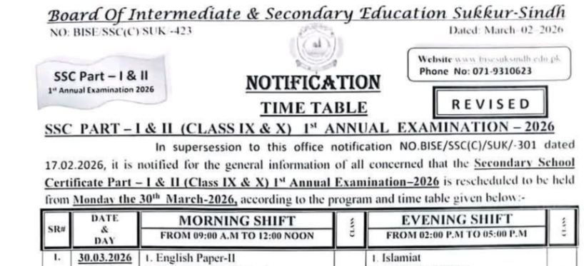 BISE Sukkur Matric Annual Exams 2026 Revised Date Sheet