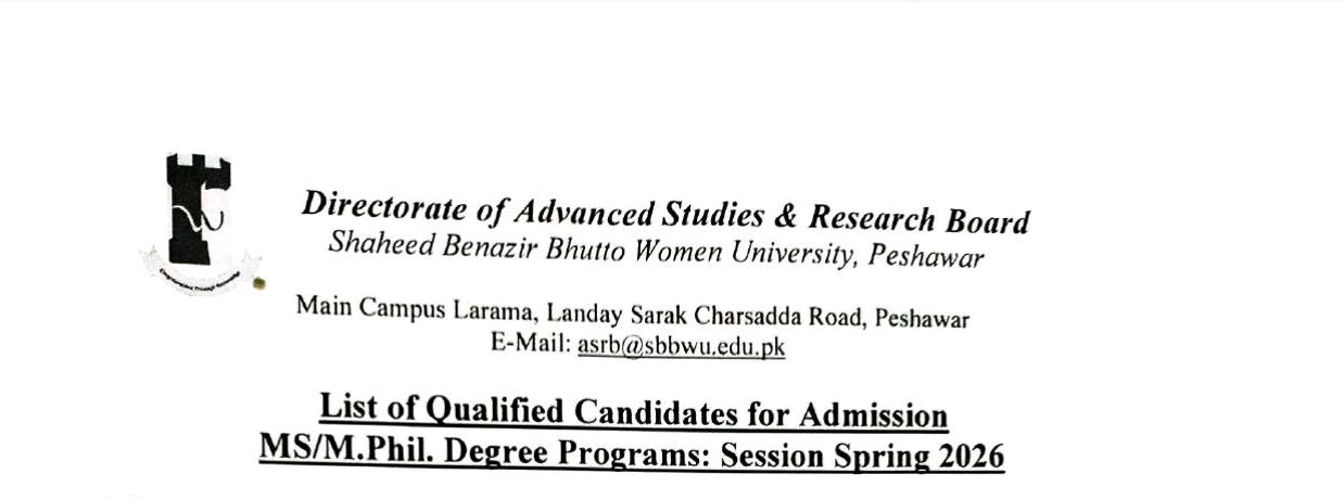 SBBWU Admission List 2026 Announced for MS & MPhil Programs
