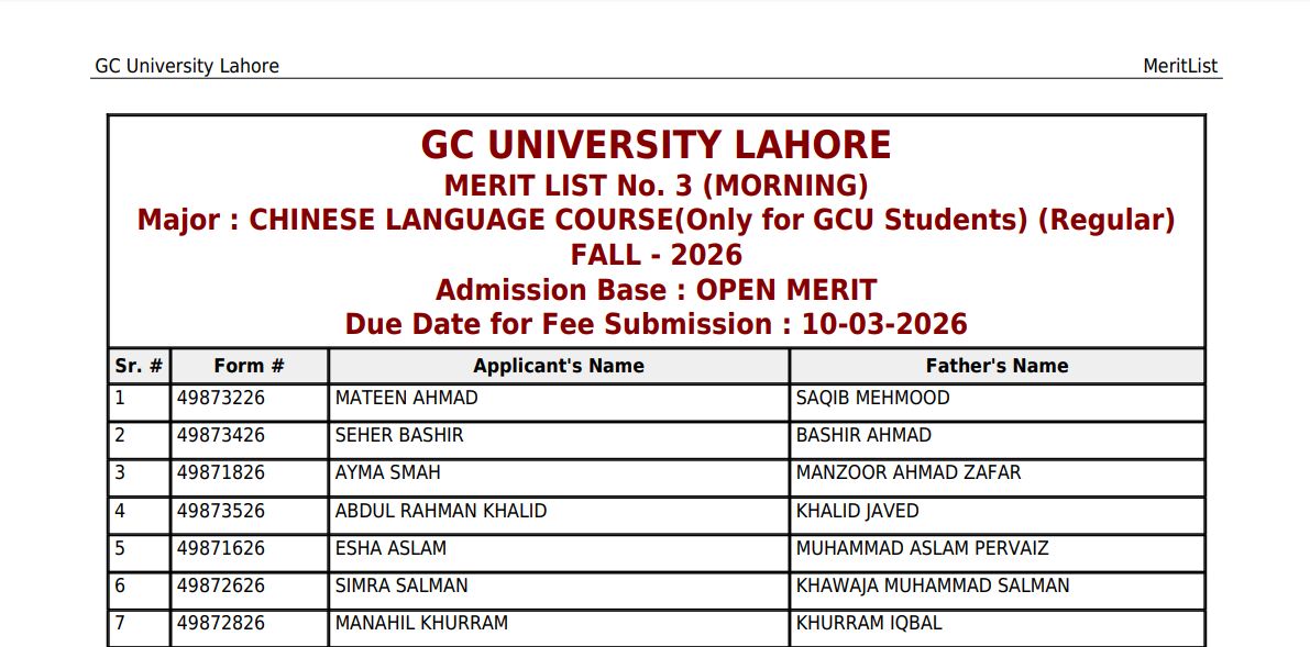 GCU Merit List 2026 Released for Chinese Language Course