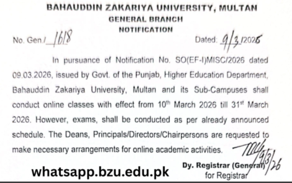 BZU Multan Starts Online Classes till 31 March