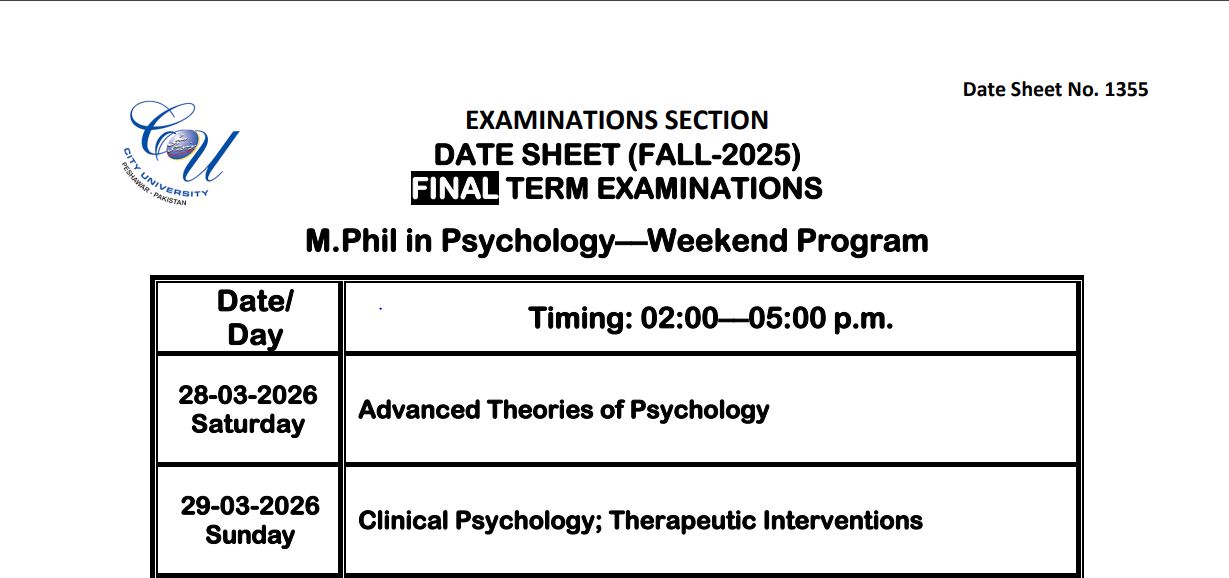 CUSIT Date Sheet 2026 Released for MPhil Programs Exams