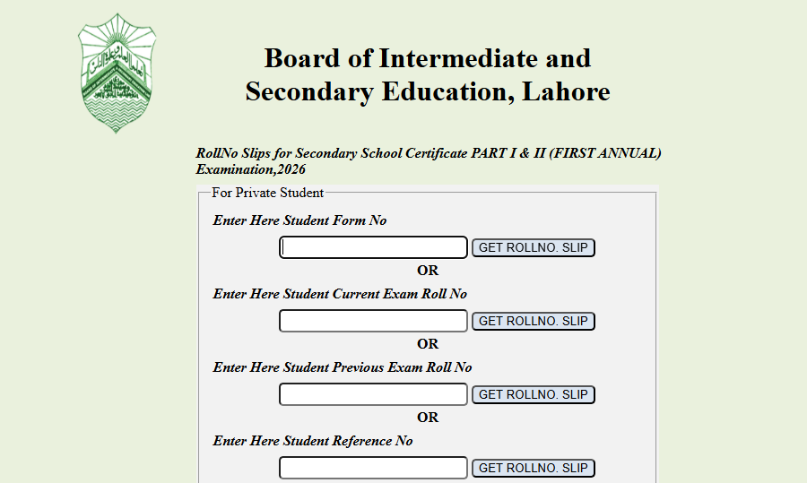 BISE Lahore Matric Annual Exams 2026 Roll No Slips