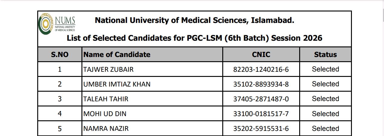 NUMS Selection List 2026 Released for PGC-LSM Batch VI Session
