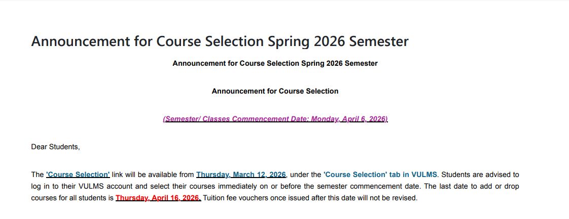 VU Course Selection Notice for 2026 Released