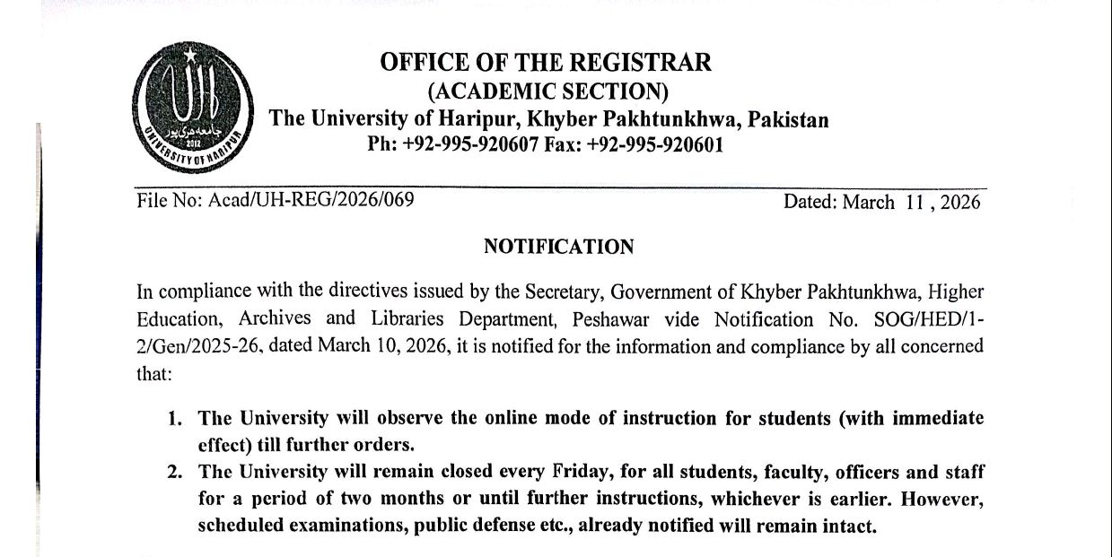 UOH Releases Online Classes & Holiday Notice 2026