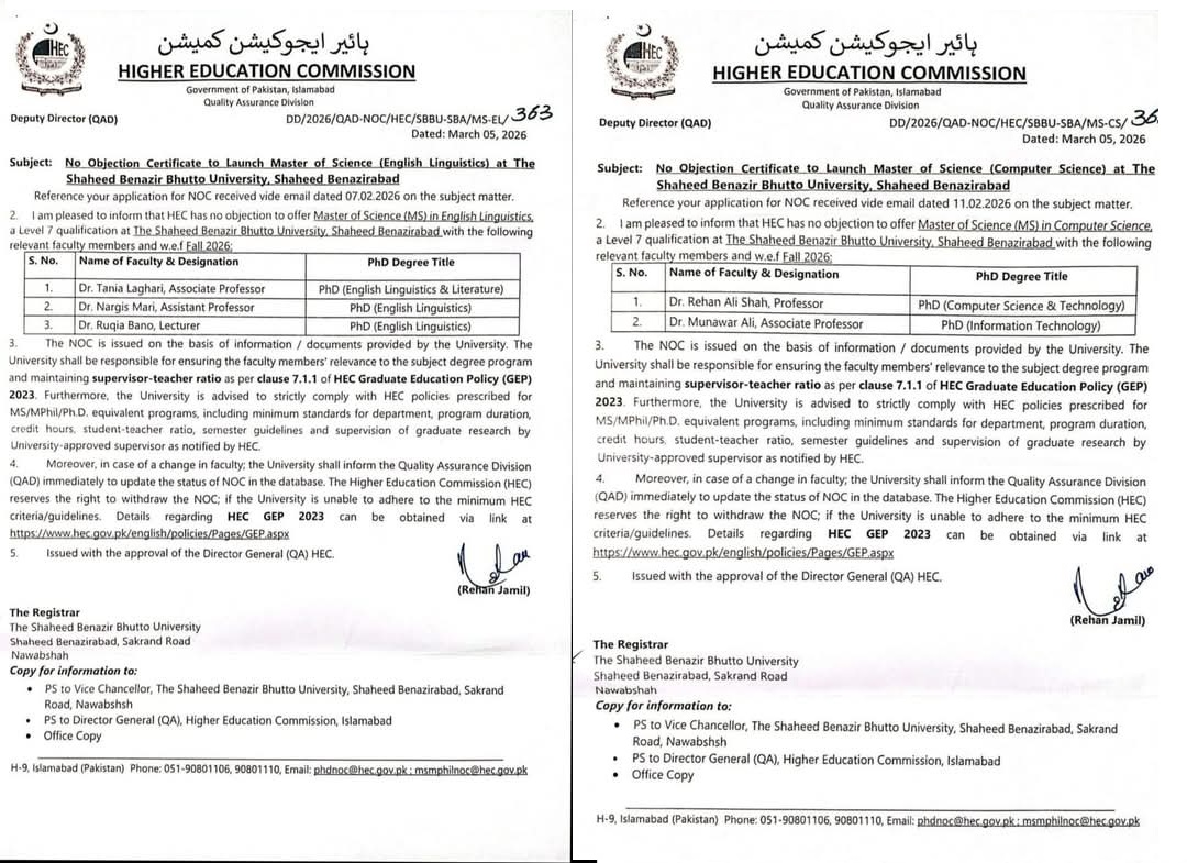 HEC Gives Approval for Two New MS Programs at SBBU