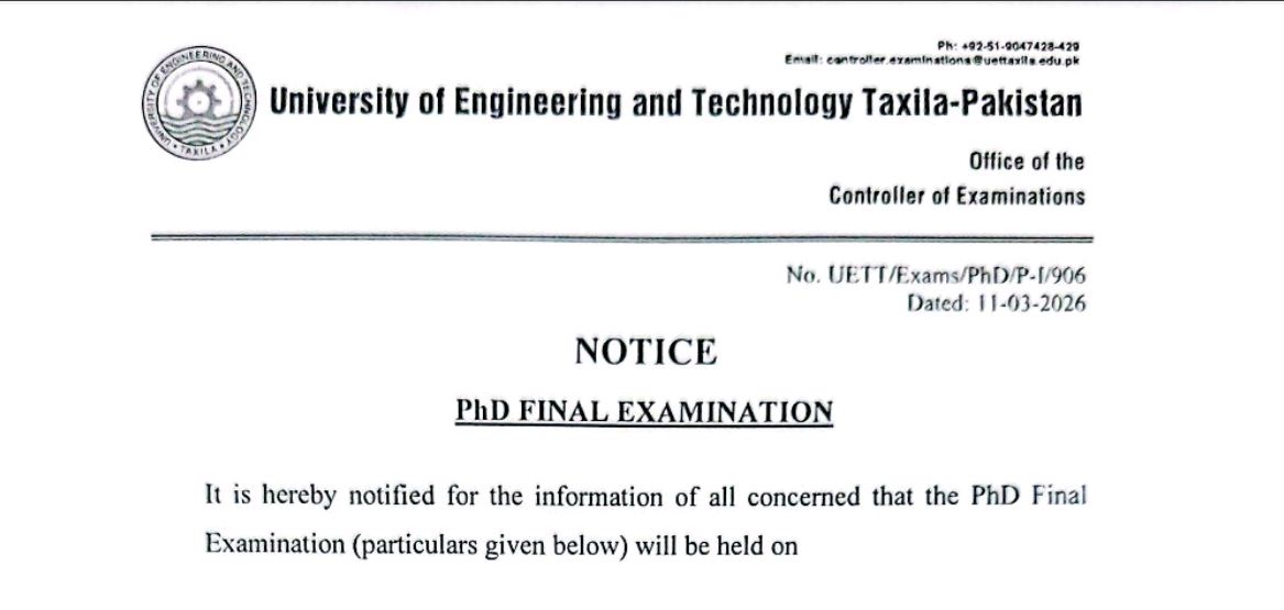 UETT Announces Viva Exam Schedule 2026 for PhD Final Exams