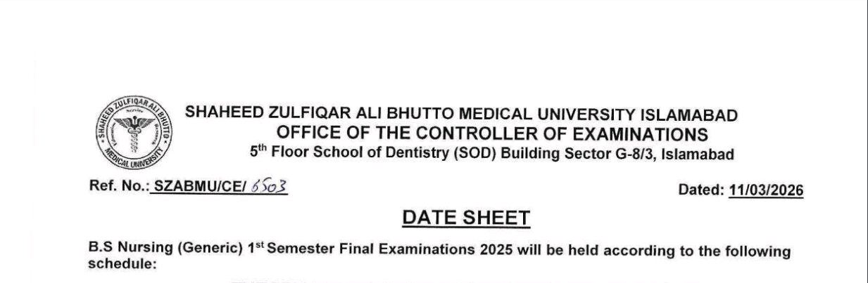 SZABMU Announces Date Sheet 2026 for BS Programs Exams