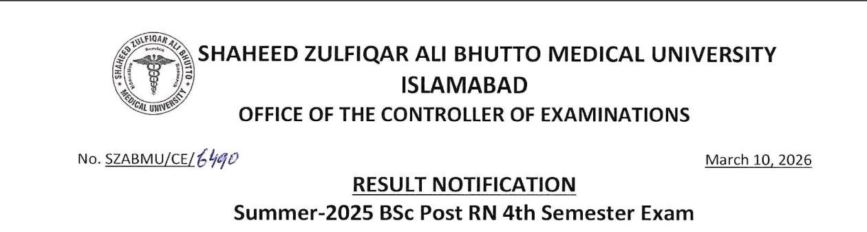 SZABMU Result Notification 2026 Released for BSc Post RN 4th Semester