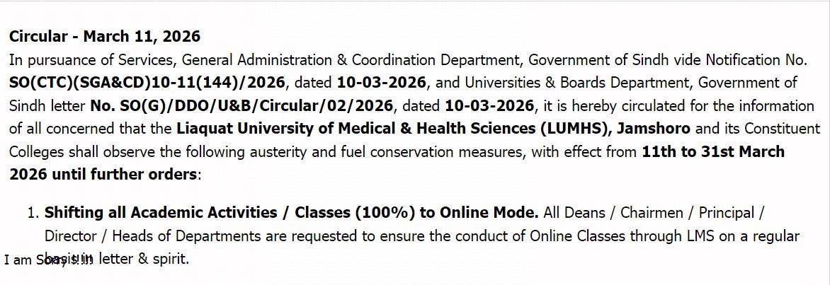 LUMHS Online Classes Notice 2026 for March Announced