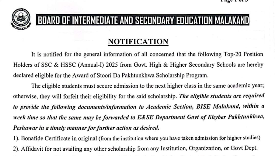 BISE Malakand Matric & Inter Stoori Da Pakhtunhwa Scholarship 2026