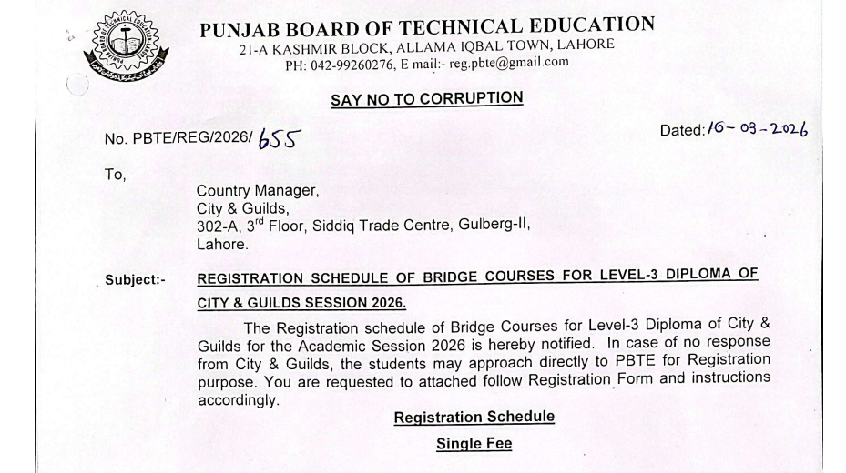 PBTE Diploma of City & Guilds Bridge Courses 2026 Registration Schedule