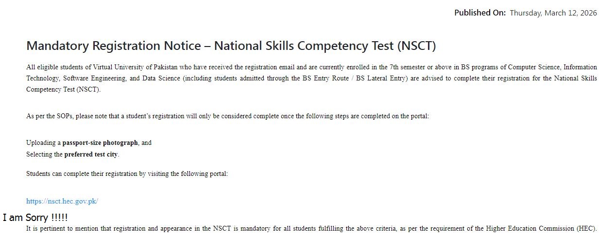 VU Mandatory Registration Notice 2026 for NSCT Released