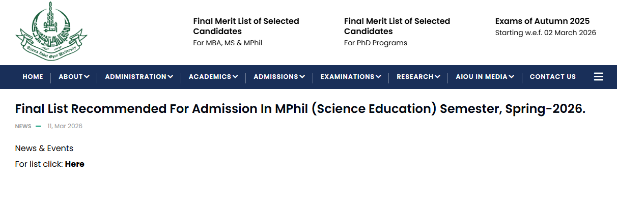 AIOU MPhil Science Education Spring Semester Admission 2026 Final List
