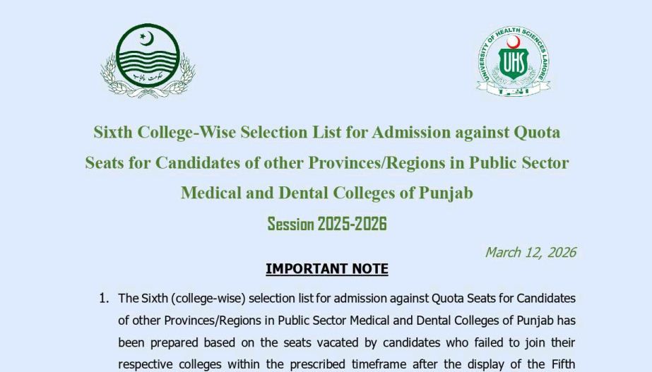 UHS 6th College Wise Selection Merit List 2026 Released