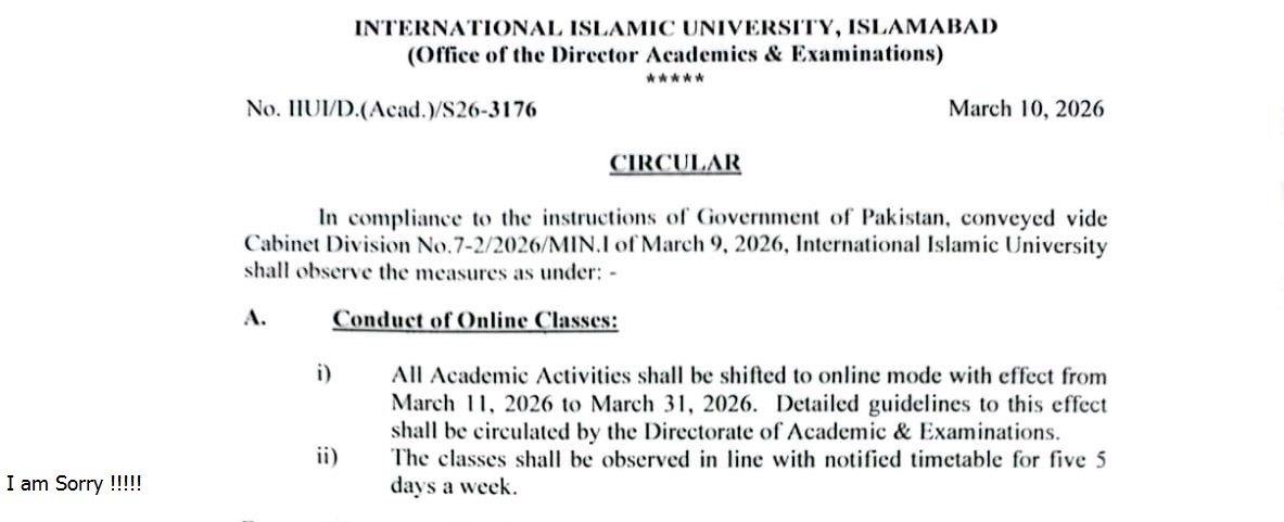 IIU Releases Online Classes Notice for March 2026