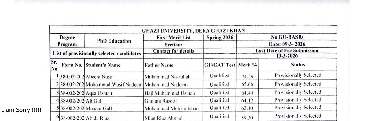 GUDGK Merit List for PhD Education Program Spring 2026 Released